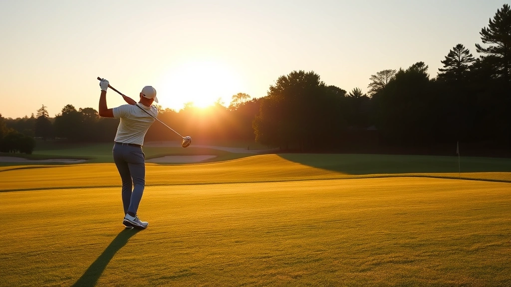 Professional golfer executing precise iron shot on manicured fairway during golden hour, demonstrating proper form and concentration on championship course