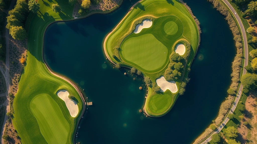 Aerial view of championship golf hole with strategic water hazards and bunker placement, showing green complex and fairway design