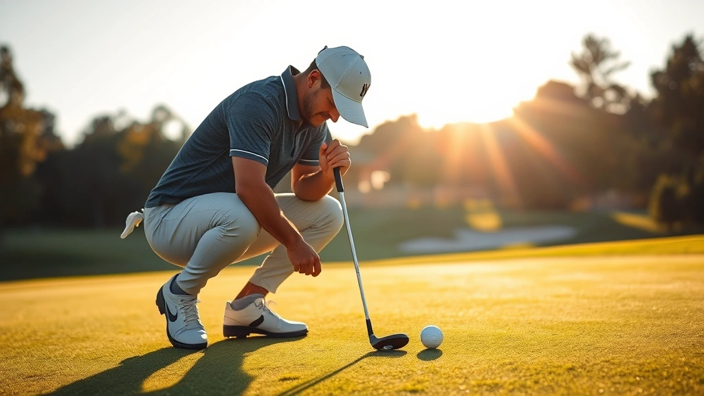 Golfer studying green complexity with focused expression, analyzing slope and break before putting on championship course during afternoon light