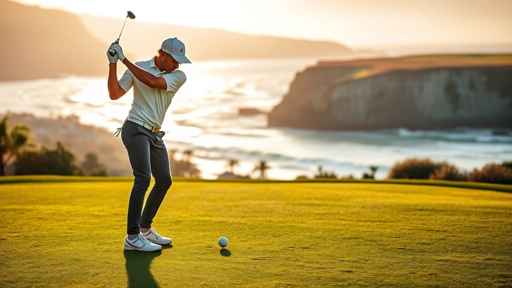 Professional golfer executing perfect tee shot on manicured fairway with coastal landscape, morning sunlight, focused expression