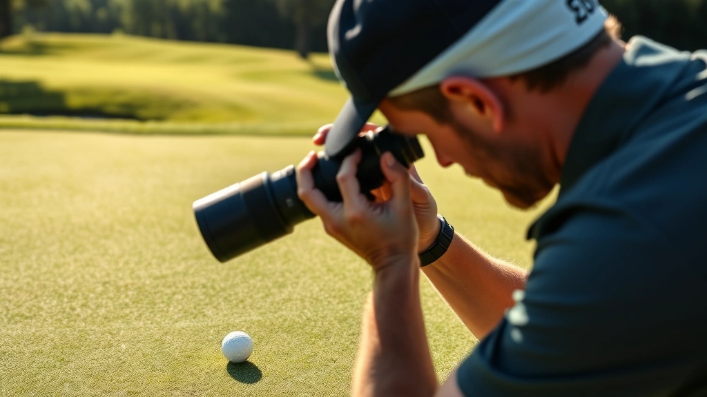 Golfer reading green with rangefinder, studying putt line on undulating putting surface, serious concentration, natural lighting