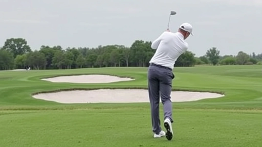 Golfer hitting approach shot from fairway with bunker visible, precise form and follow-through, professional technique demonstration