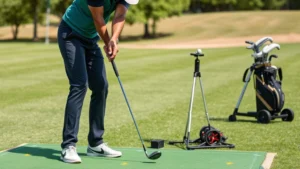 Professional golfer demonstrating proper grip and stance on practice range with alignment aids and training equipment visible, natural daylight, focused concentration on form