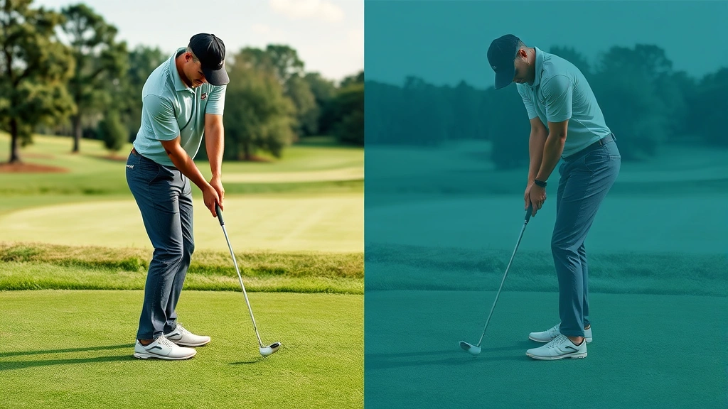 Golfer executing chip shot from practice area near putting green with various lie conditions, demonstrating short-game technique with professional posture and follow-through