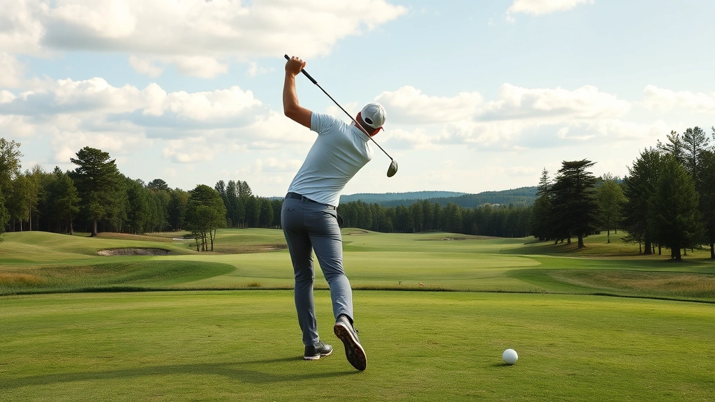 Golfer analyzing shot trajectory on golf course fairway with natural landscape, showing course management and strategic positioning during competitive play