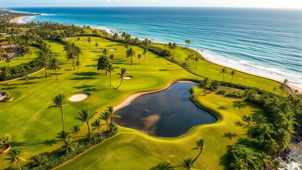 Aerial view of a lush Hawaiian golf course with ocean views, rolling fairways with palm trees, natural water features, and pristine greens surrounded by tropical vegetation, professional photography style