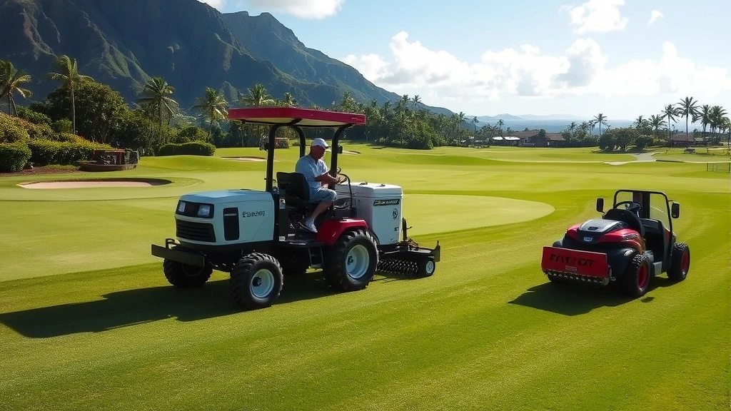 Golf course maintenance team operating specialized turf care equipment on a championship course, showing professional groundskeeping operations, equipment in action on fairways, bright Hawaiian landscape in background