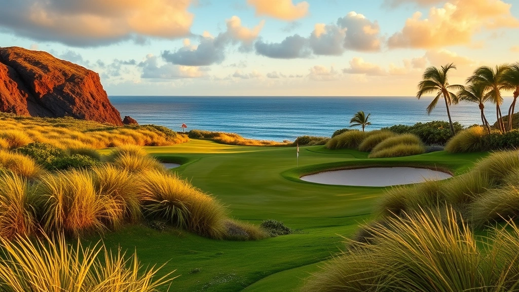 Scenic Hawaiian golf hole featuring natural terrain, trade wind-swept grasses, strategic bunker placement, ocean vista in distance, native vegetation framing the fairway, golden hour lighting