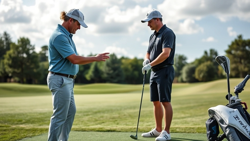 Professional golf instructor demonstrating proper grip and stance to student on practice range, both wearing golf attire, realistic lighting capturing teaching moment