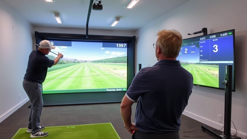 Modern golf instruction facility with launch monitor technology, student analyzing swing data on screen with instructor pointing at metrics, professional indoor setting