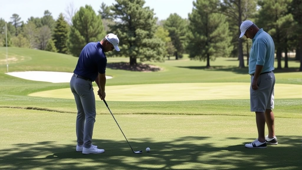 Golfer practicing short game at chipping area with bunker and green visible, instructor observing from side, natural daylight, realistic course environment showing skill development