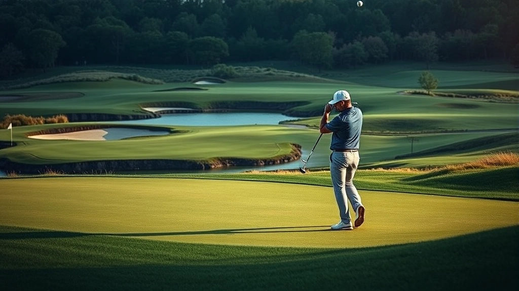 Golfer hitting approach shot onto undulating green with bunkers and water hazard visible, focused concentration, professional golf photography