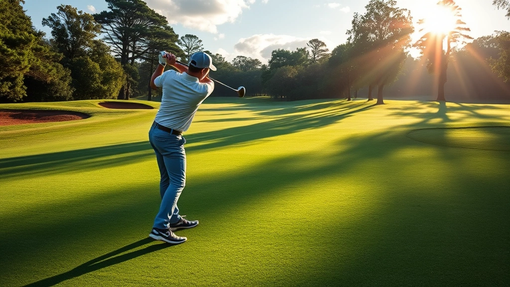 Professional golfer executing perfect swing on manicured fairway with morning sunlight, focused form and balanced stance, natural golf course setting with trees and blue sky