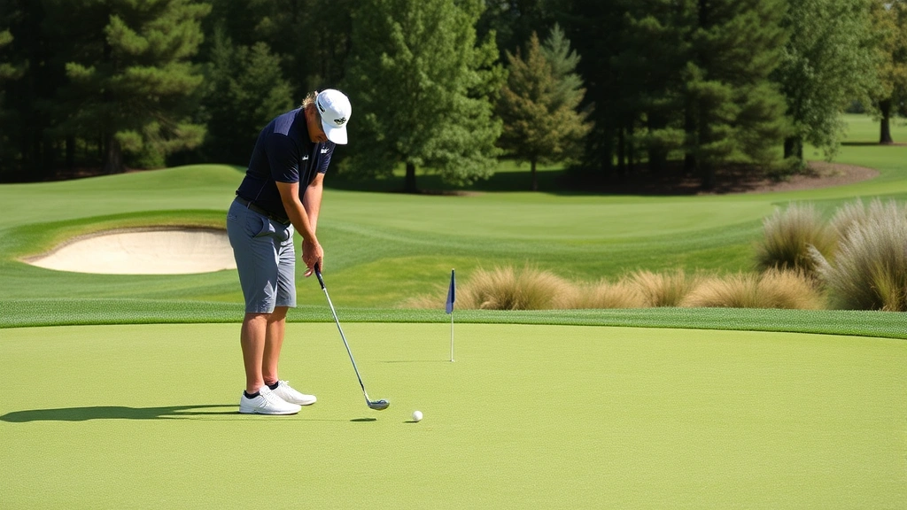 Golfer practicing short game on practice green, chipping toward flagstick with concentration, well-maintained practice facility with varied slopes and natural landscaping