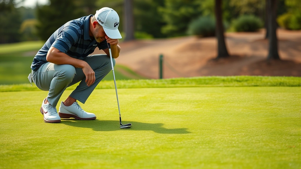 Golfer reading green before putt, crouched position examining break and slope, putting green with distinct elevation changes and natural grass texture