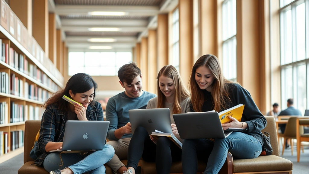 College students studying together in a university library with laptops and notebooks, collaborative learning environment, natural lighting, diverse group of students focused on academic work