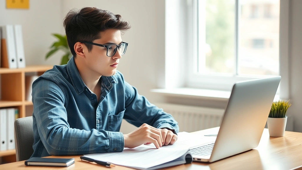 Young adult student sitting at desk with laptop reviewing academic documents and course materials, planning semester schedule, focused expression, bright workspace with natural window light