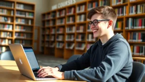 Student sitting at laptop in university library, smiling while viewing course registration system on computer screen, natural lighting, laptop displaying course search interface