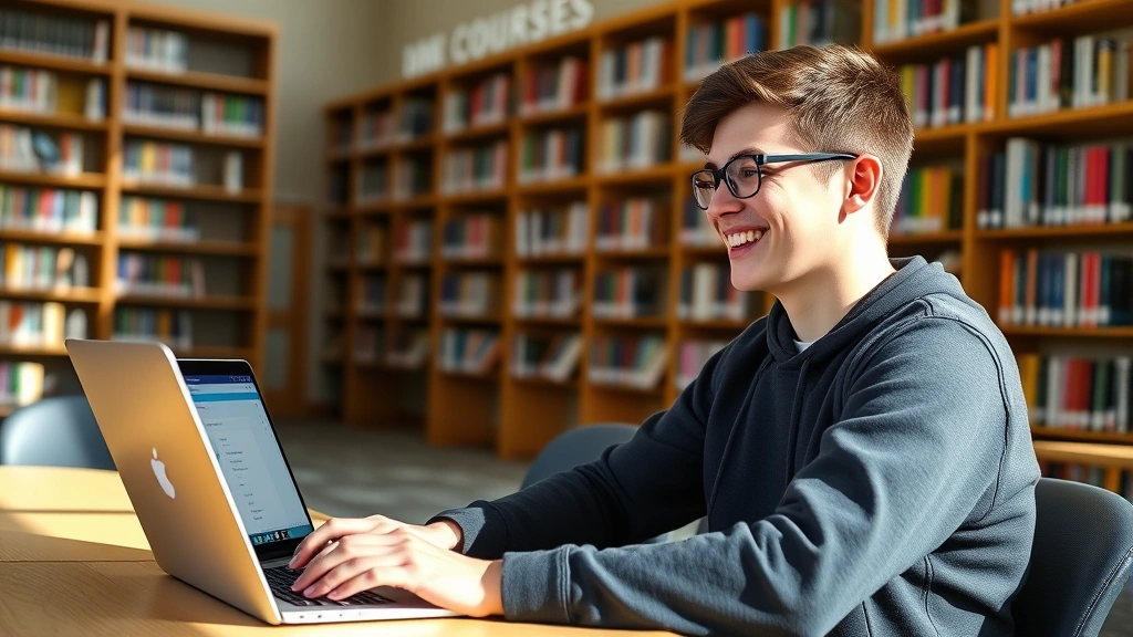 Student sitting at laptop in university library, smiling while viewing course registration system on computer screen, natural lighting, laptop displaying course search interface