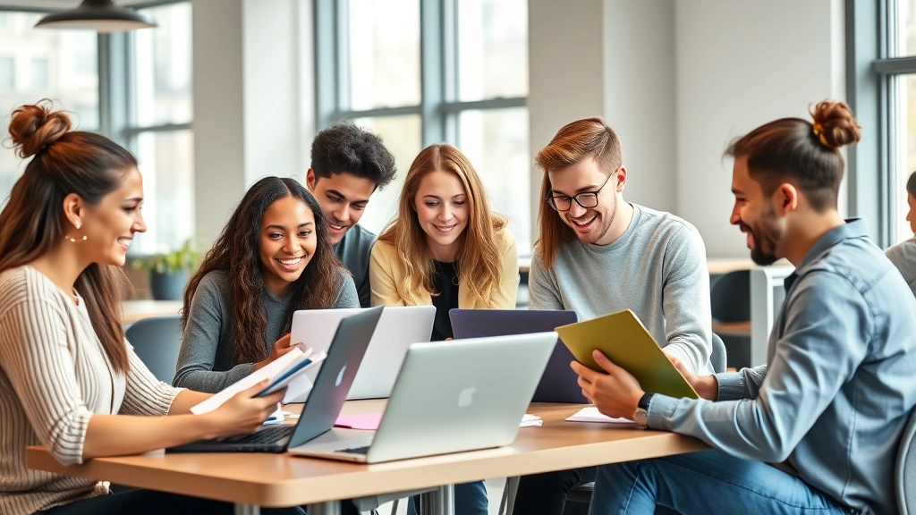 Group of diverse college students in modern classroom, collaborating on laptops and notebooks, discussing course schedules and academic plans, bright natural light from windows