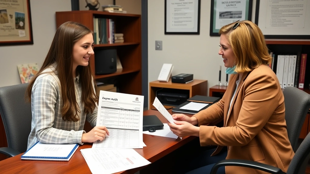 Young student meeting with academic advisor in office, reviewing degree audit printout and course listings on desk, positive professional interaction, organized academic setting