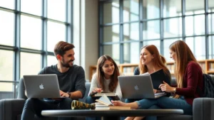 College students studying together in a bright university library with laptops and textbooks, natural window lighting, engaged discussion