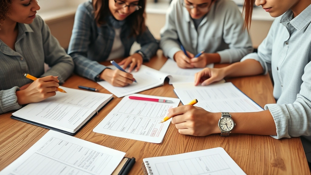 Close-up of diverse students reviewing academic documents and planning their course schedules at a wooden table with notebooks