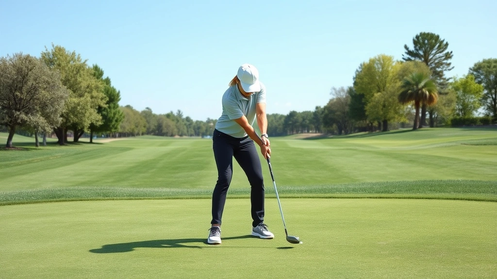 Beginner golfer at address position demonstrating proper stance and posture on a lush fairway, hands properly positioned on club, athletic ready position, natural daylight, peaceful golf course setting