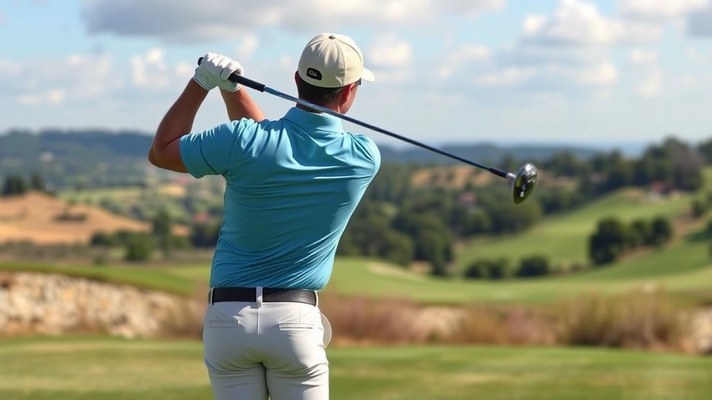 Golfer executing mid-swing demonstrating proper shoulder rotation and body sequencing, club at parallel position during backswing, beautiful course landscape in background, professional form and balance