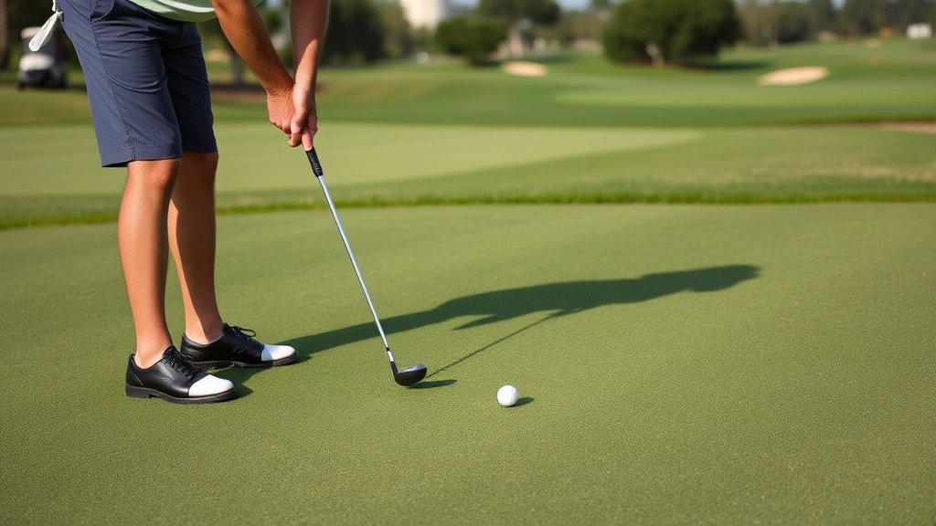 Golfer on practice putting green working on short putts, demonstrating proper putting posture and alignment, concentration and focus evident, manicured green with golf course grounds in background