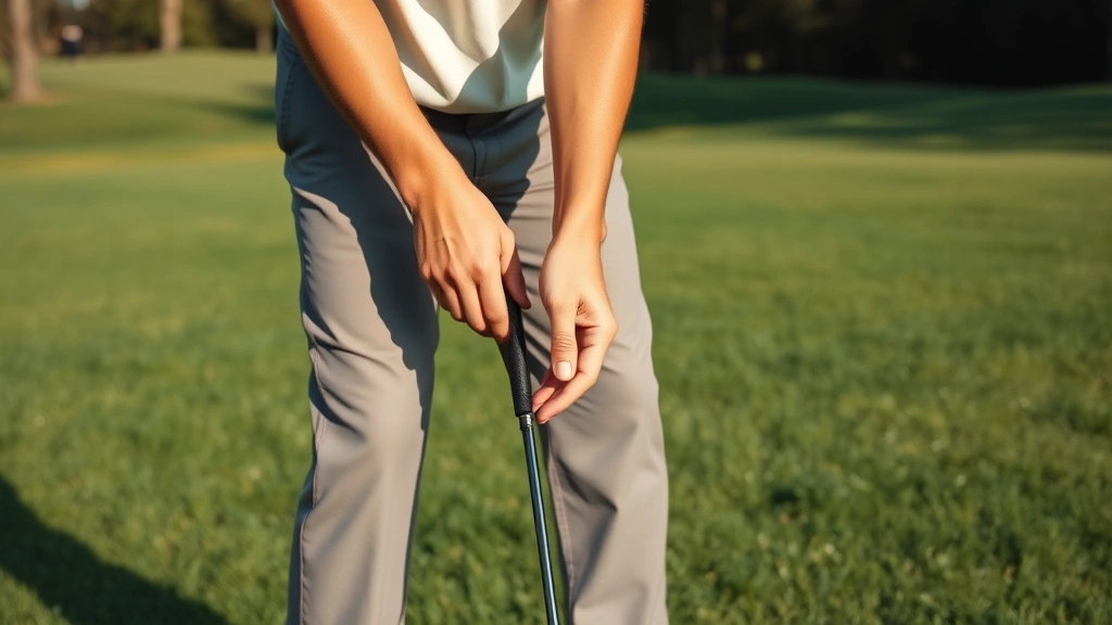 Professional golfer demonstrating proper grip and stance on a lush fairway, hands showing correct positioning on club, athletic posture with relaxed shoulders, morning sunlight on manicured grass