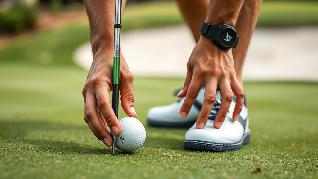 Close-up of golfer chipping near the green with focused concentration, proper ball position and hand placement, immaculate green surface, bunker visible in soft focus background, professional technique demonstration