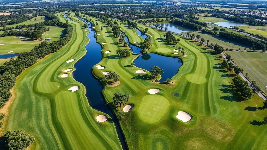 Wide aerial view of lush 18-hole golf course with manicured fairways, sand bunkers, water hazards, and tree-lined holes under clear sky, showing course layout design