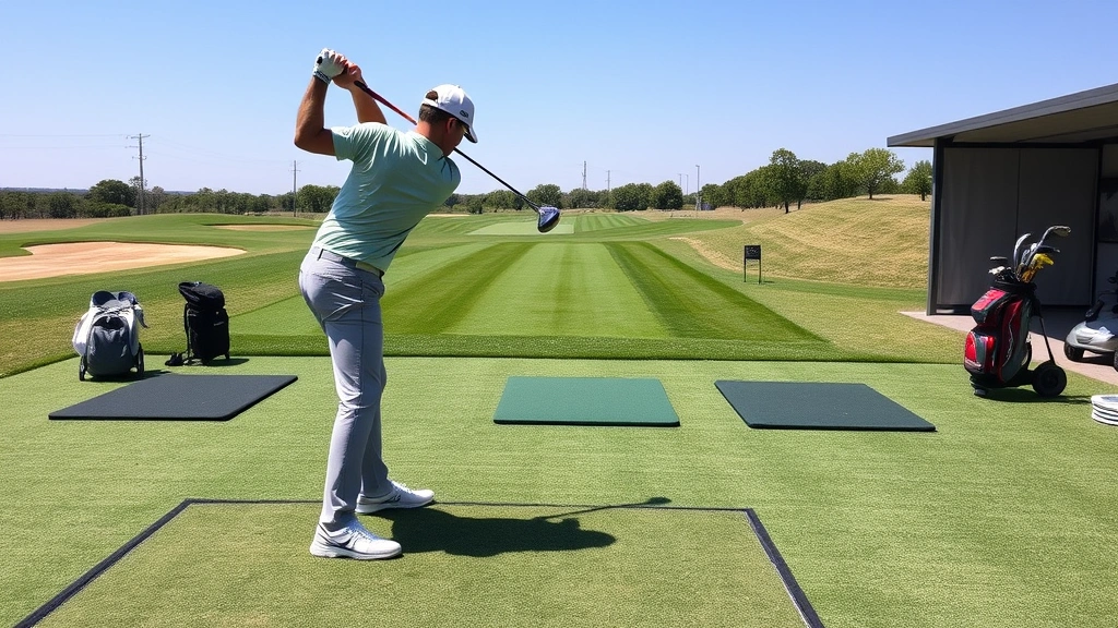 Professional golfer mid-swing on practice range with multiple golf balls, training mats, and dedicated practice area with clear skies and maintained turf