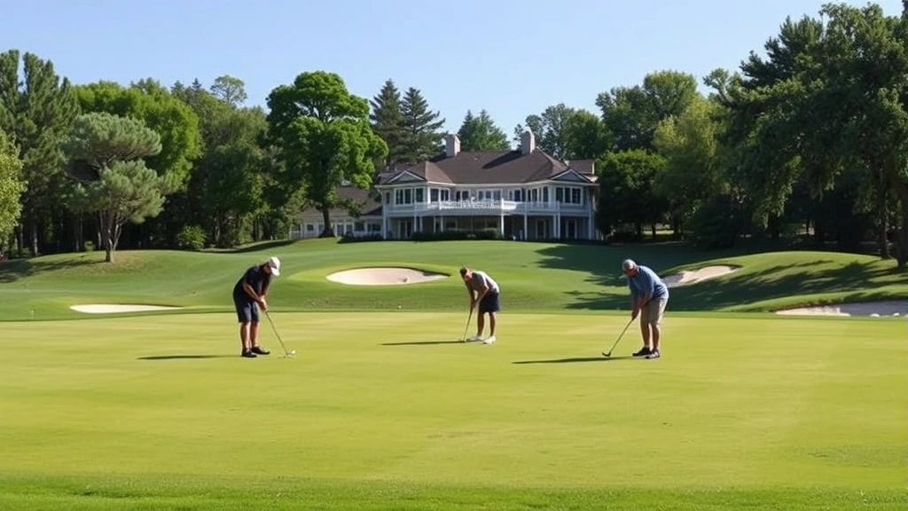 Golfers practicing on large putting green with varied slopes and tiers, demonstrating short-game skill development, with clubhouse visible in background
