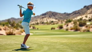 Young golfer in athletic stance at address position on sunny desert golf course with clear blue sky, demonstrating proper posture and balance