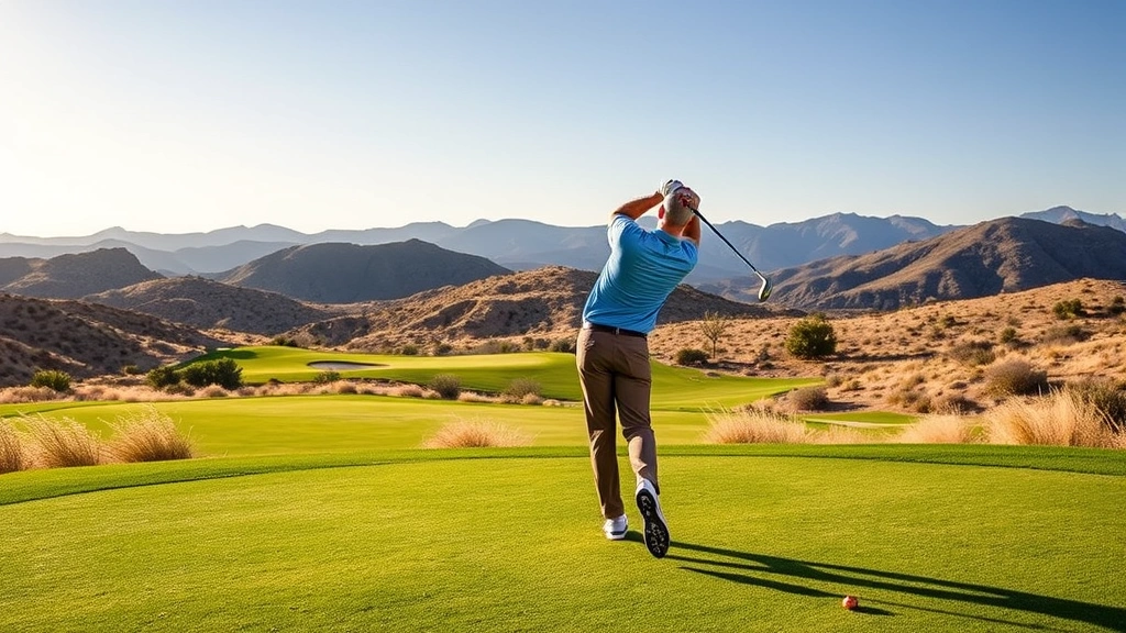 Golfer hitting shot from fairway on scenic desert course with rolling terrain and natural vegetation, showing mid-swing follow-through motion