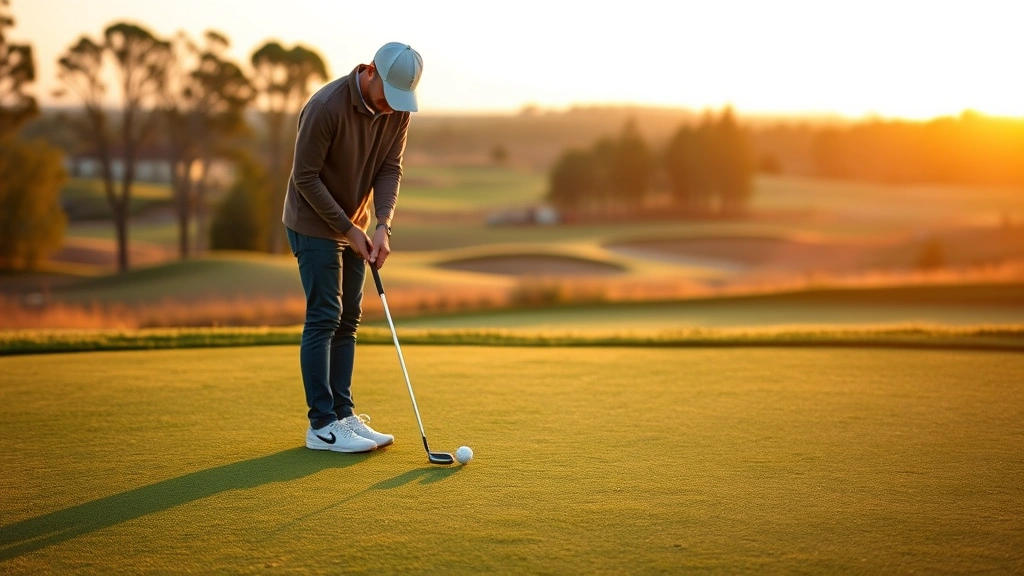 Beginner golfer on putting green concentrating on short putt with course landscape and fairways visible in background during golden hour lighting