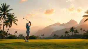Golfer mid-swing on tropical fairway with lush green Hawaiian landscape, mountains in misty background, natural lighting during golden hour, photorealistic