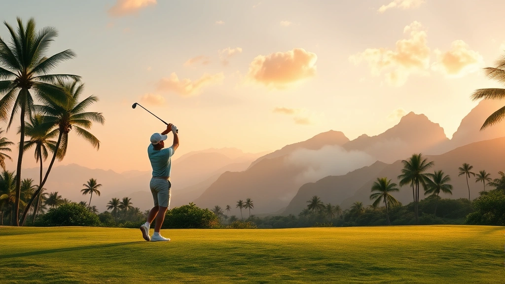 Golfer mid-swing on tropical fairway with lush green Hawaiian landscape, mountains in misty background, natural lighting during golden hour, photorealistic