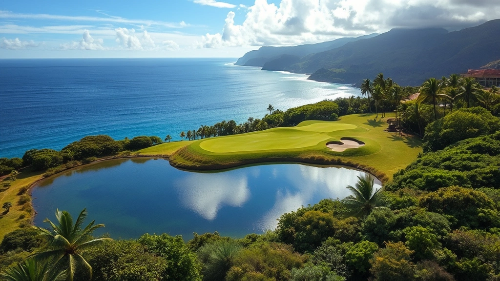 Aerial view of golf course hole surrounded by native Hawaiian vegetation, water hazard reflecting sky, dramatic coastline visible in distance, professional photography