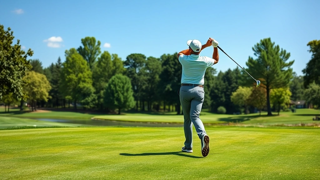 Professional golfer in mid-swing on lush green fairway with clear blue sky, demonstrating proper form and posture during downswing phase