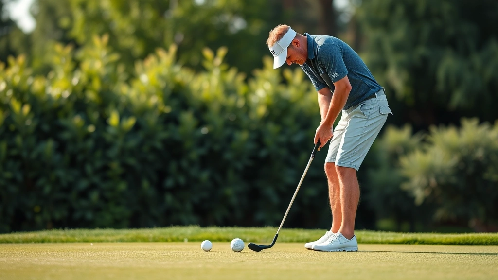 Golfer practicing short game shots on practice green with multiple balls, focusing on chipping and pitching technique with concentrated expression
