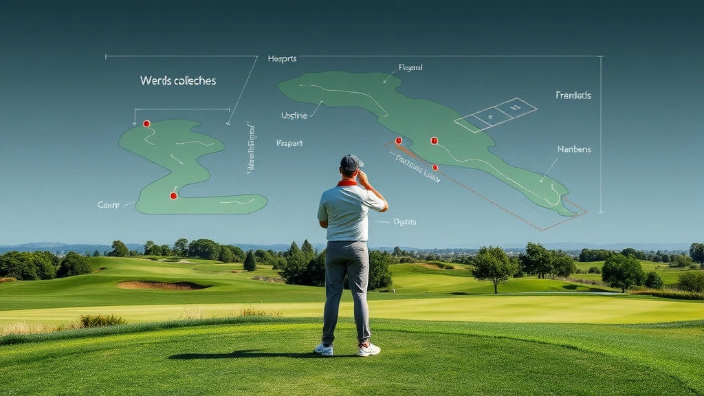Golfer standing on tee box reviewing course layout, studying wind conditions and hazards while planning strategic shot approach