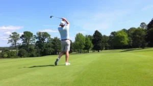 Professional golfer mid-swing on manicured fairway with trees and blue sky in background, Wisconsin landscape setting