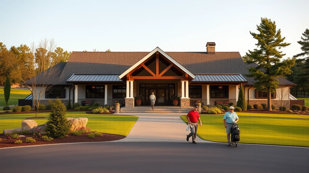 Golf course clubhouse exterior with welcoming entrance, landscaped grounds, and golfers walking with equipment