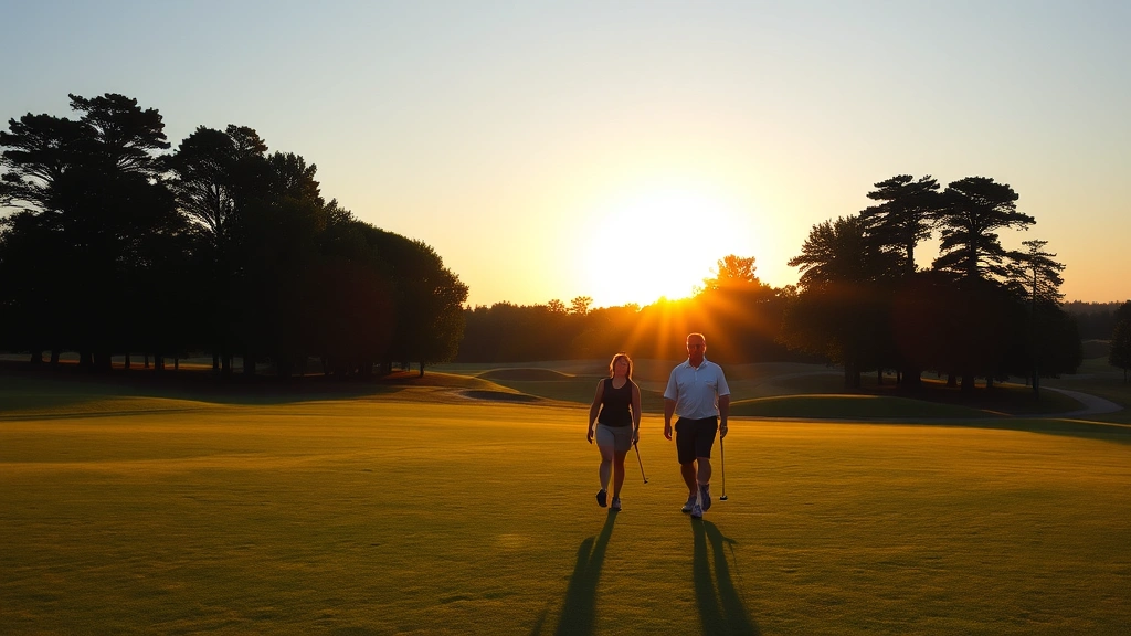 Golfers walking across a scenic fairway during golden hour sunset, lush green grass and trees in background, natural lighting, peaceful outdoor recreation setting