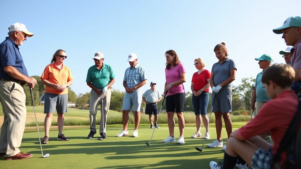 Diverse group of golfers on putting green including seniors, young adults, and youth, social interaction and inclusive community engagement, natural outdoor environment