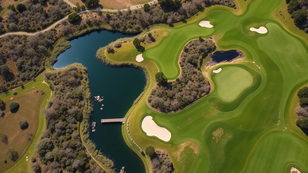 Aerial view of manicured golf course landscape showing water features, native plantings, wildlife habitat areas, and sustainable land management practices, environmental stewardship focus