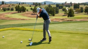 Golfer at practice range hitting shots with golf balls scattered on ground, professional golf course landscape in background, natural sunlight, focused athletic posture
